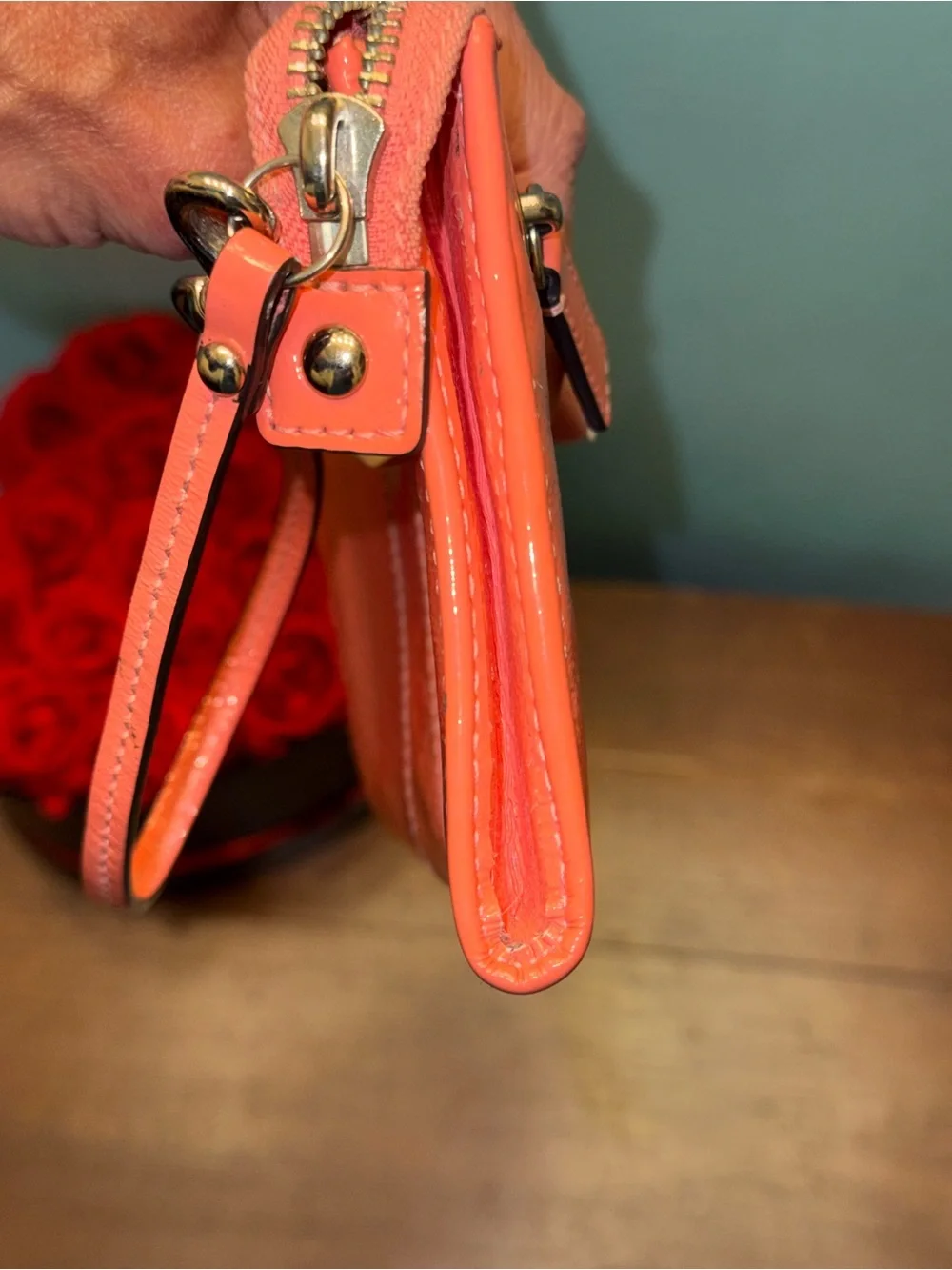 Coach Coral Patent Leather Wristlet Wallet Zip Around Clutch Organizer EUC